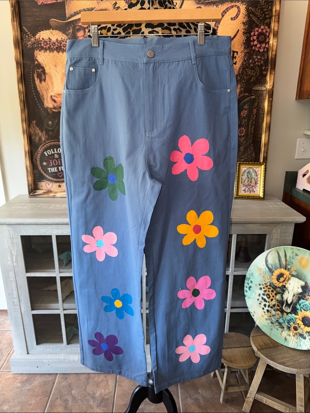 NWT BIBI Blue Floral Wide Leg Jeans Size XL Colorful Flower Boho